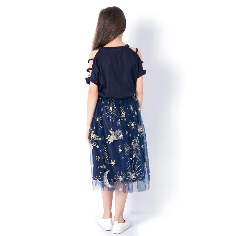 Комплект одежды для больших девочек 8, 10, 12, 14 лет, летняя футболка с вышитыми буквами+ юбка комплект одежды для девочек из 2 предметов, vetement enfant fille