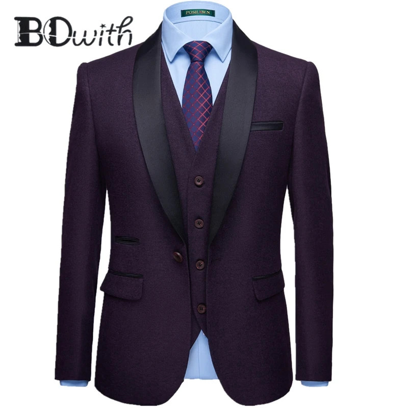Новые Фиолетовый мужской костюм шаль воротник одна кнопка Slim Fit 3 предмета в комплекте (куртка + жилет брюки для девочек) свадьбы смокинги