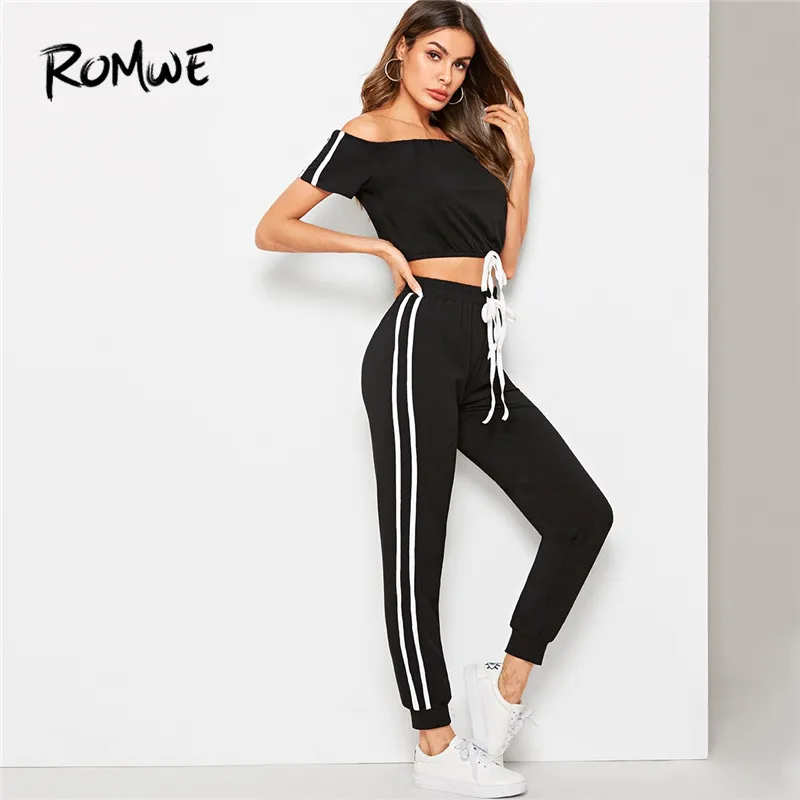 Romwe Sport Black Off Shoulder Crop Top And Striped Sweatpants Women