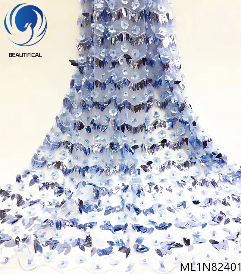 

Beautifical 3d flowres lace fabrics Latest style 3d leafage sequins net lace fabric nigerian lace beads fabric 5yards ML1N824