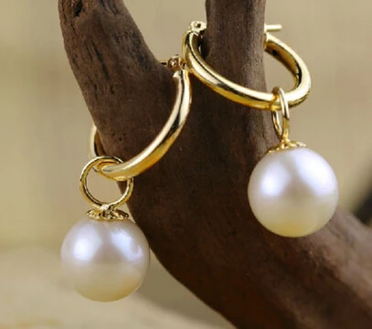 

hot sell new - free shipping 13378 10-11mm natural round south sea white pearl dangle earrings 14KG