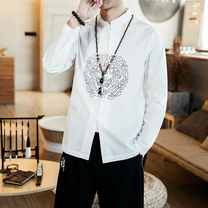 

Traditional Chinese Clothing For Men Cotton Linen Shirts White Embroidery Kung Fu Tai Chi Hanfu Male China Style Tops CN-024