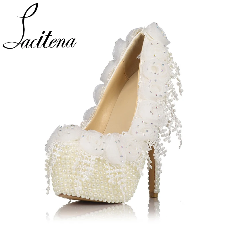 

Beige White Pearl with Lace High Heels Shoes Pearl Shoes Women's Pearl Shoes Women's Crystal Shoes
