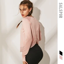 SALSPOR, женская рубашка для йоги, сетчатая, с разрезом на спине, с перекрестными ремешками, футболка для фитнеса, с отверстиями для большого пальца, дышащие топы для тренировок, женская спортивная одежда