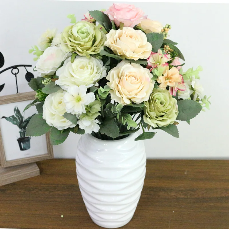 JAROWN Artificial Flowers Silk Plastic Flowers Pinecone Roses Bouquets Flower Bouquet For Wedding Home Party Decoration Decor (14)