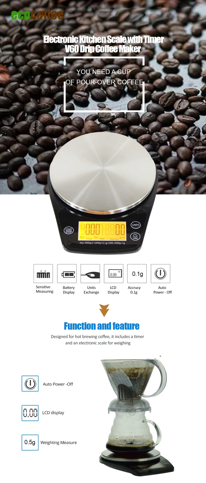 Эко кофе мини капельные цифровые весы с таймером 0,1-3000 г V60 кофе кухонные весы американская Кофеварка Бариста инструмент