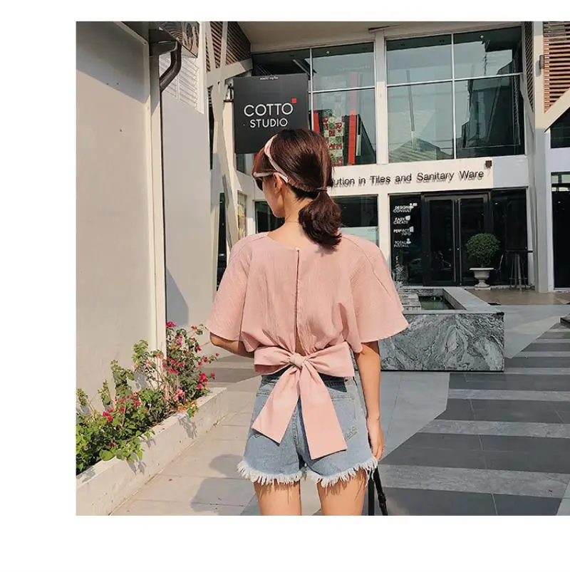 2018 summer women short flare sleeve short top sexy wrap v neck blouse female vacation lace up bow tie crop shirt top