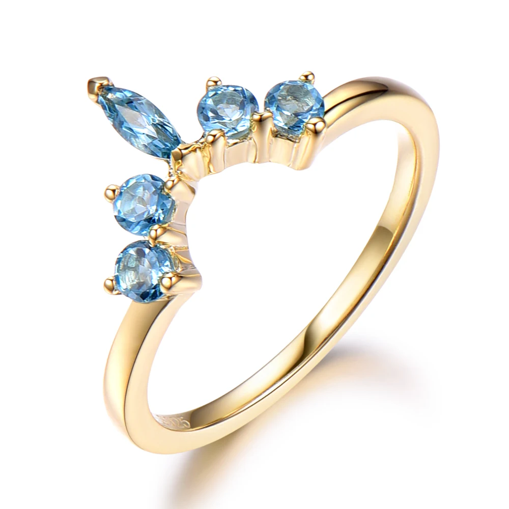 Blue Topaz Wedding Ring 2x5mm Marquise Crown Curve Bridal Ring 14K