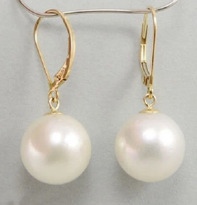 

Hot selling> hj 00603 10-11mm natural round south sea white pearl dangle earring14k -Bride jewelry free shipping