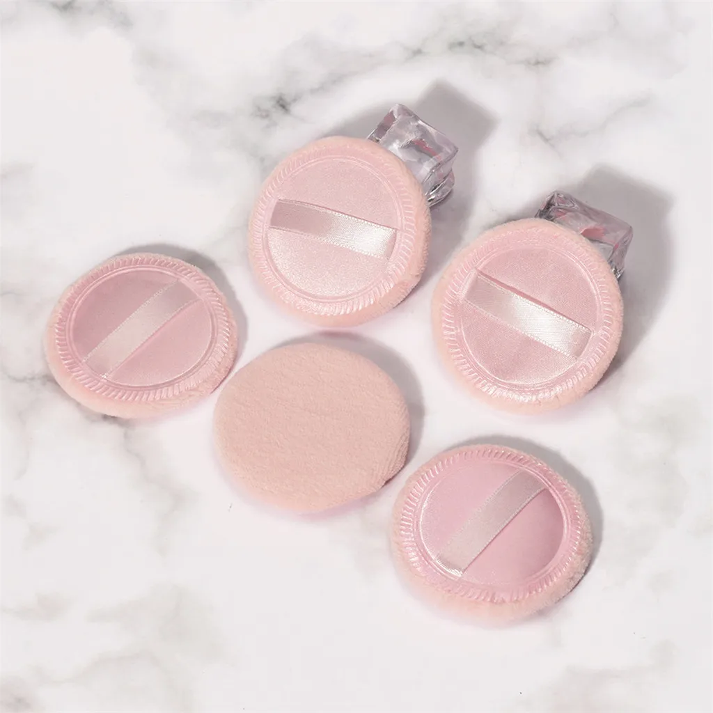5Pcs Soft Cotton Makeup Blusher Powder Puff With Ribbon Strap Blush Loose Powder Blending Puff