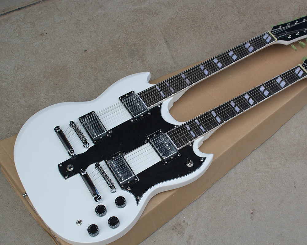 

2017 wholesale popular factory custom double neck white 12 strings 6 strings electric guitar with black pickguard