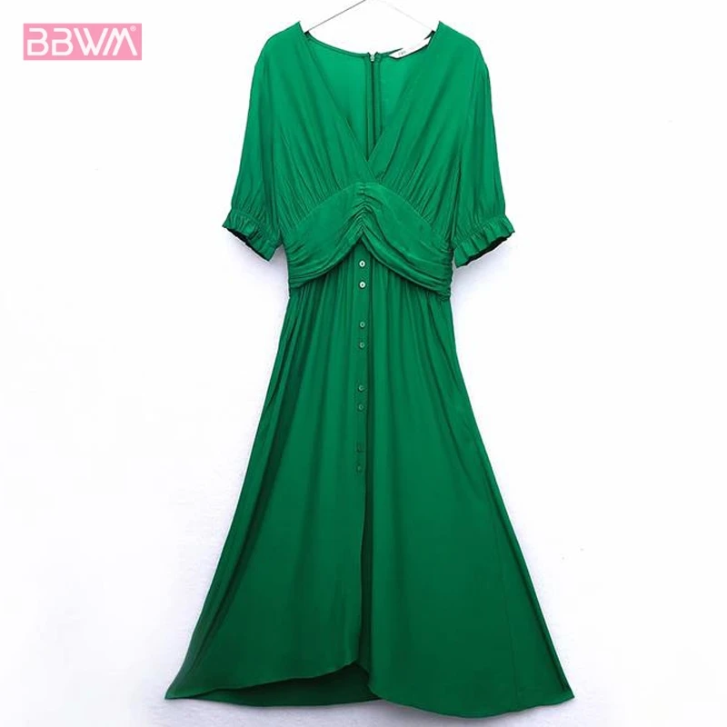 

Women's Green Pleated Waist Short Sleeve V-neck Dress Holiday Slim Thin 2019 summer new single-breasted waist holiday women's