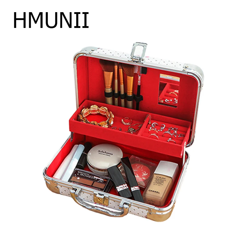 HMUNII дорожный органайзер для бижутерии, коробка из искусственной кожи, портативный чехол для хранения колец, колье, браслеты для макияжа, двойная косметичка