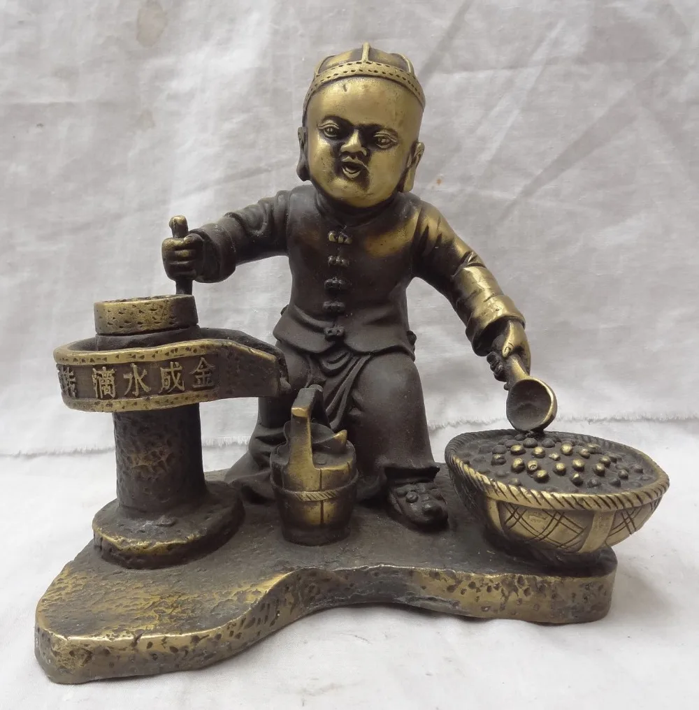 

8" China Chinese Bronze Good Luck Wealth Old Man Laborer Child Boy Kid Statue