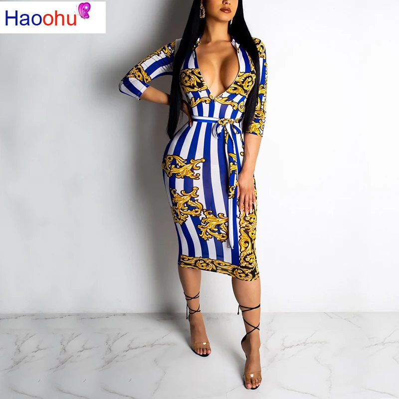 

HAOOHU2019 New Arrive Sexy Women Striped Deep V-Neck Half Sleeve Bodycon Dress Lady Hollow Out Skinny Lace Up Short Dress CY1130