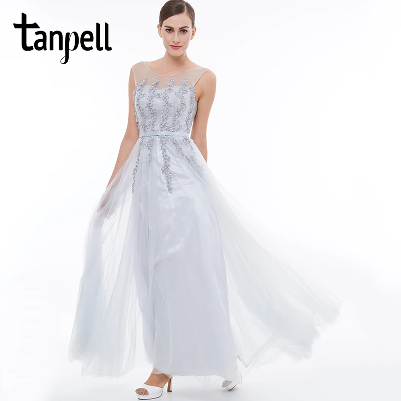 Платье для выпускного вечера с аппликацией Tanpell, серое, без рукавов, совок, длина до пола, ТРАПЕЦИЕВИДНОЕ ПЛАТЬЕ, с блестками, на молнии, женское длинное выпускное платье - Цвет: gray