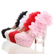 Schöne Spitze Braut Schuhe mit Applikationen Strass Hochzeit High Heel-schuhe Geburtstag Party Prom Pumpen Brautjungfer Schuhe