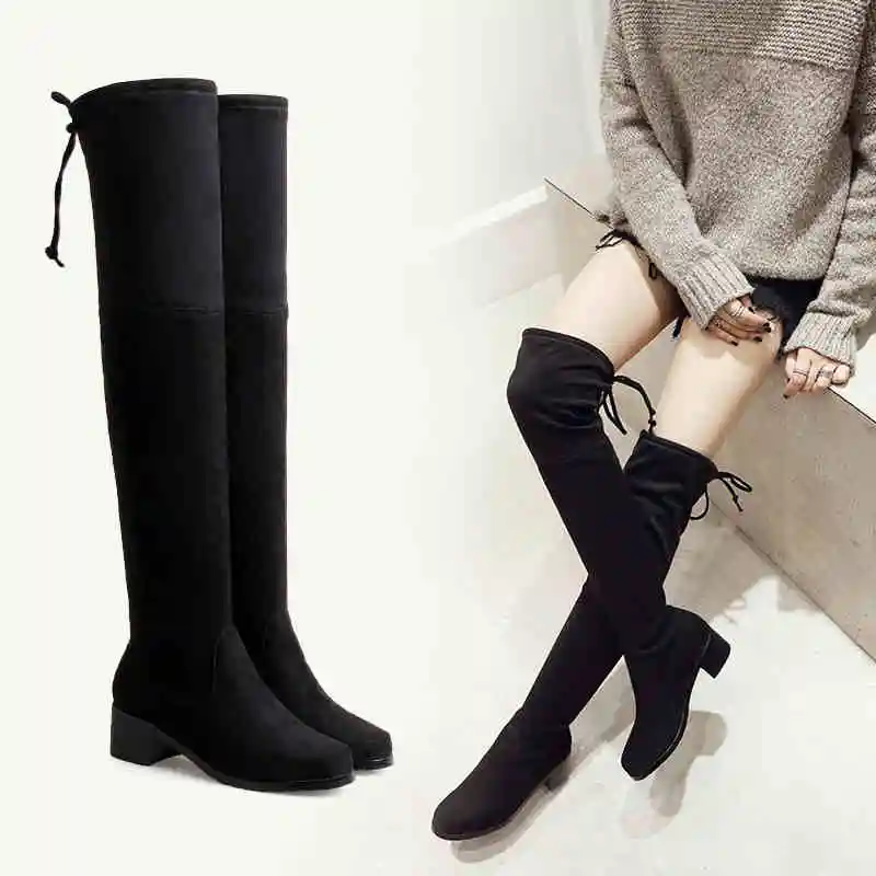 2017 autumn and winter new rough with knee boots high heel boots Korean