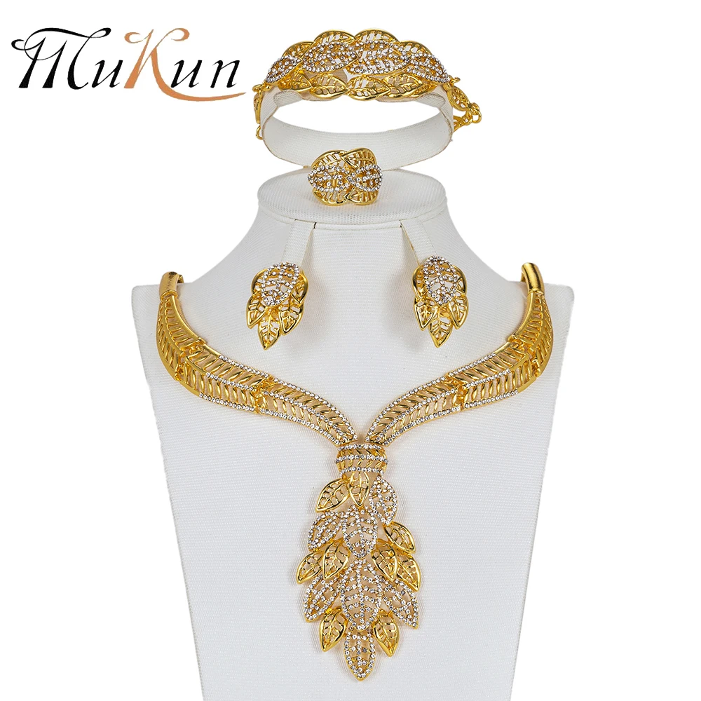 

MUKUN Bridal jewelry sets Nigerian Wedding African Beads Jewelry Set Fashion Brand Dubai Gold Color Jewelry Set costume Design