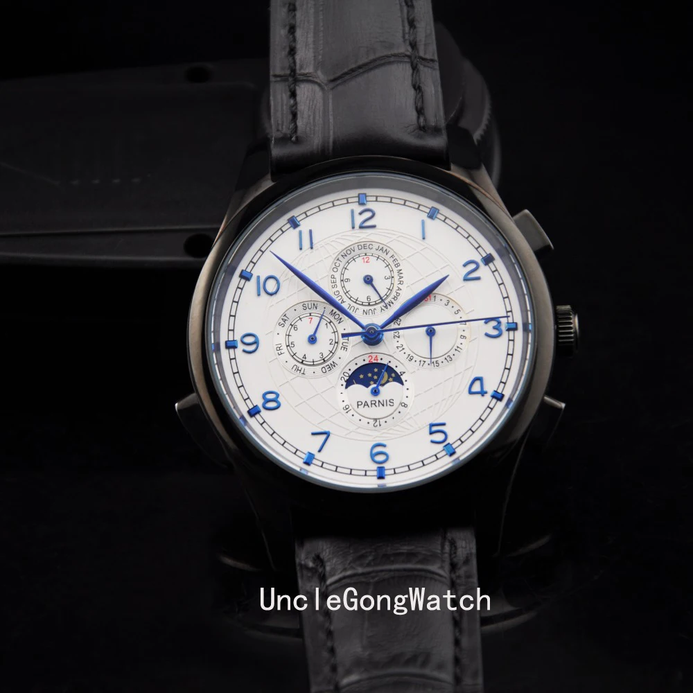 44MM Parnis multifunction Moon Phase white Dial Automatic movement Men's watch PA4409PW Leather Belt