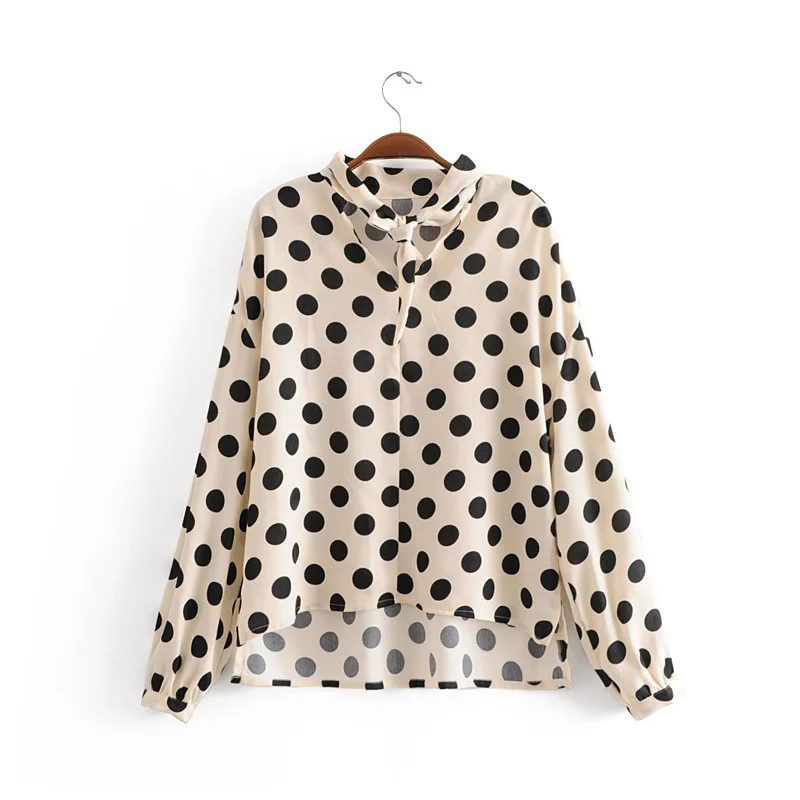 

CS828 European Chic irregular Length Bow Knot Deco V Neck Polka Dot Print Shirts Women Long Sleeve Blouse