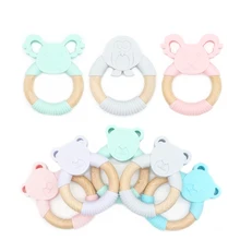 1PC Animal Shape Silicone Teether Wooden Ring Nursing Accessories Chewable Rattle Toy Circle Newborn Shower Gifts Baby Teether