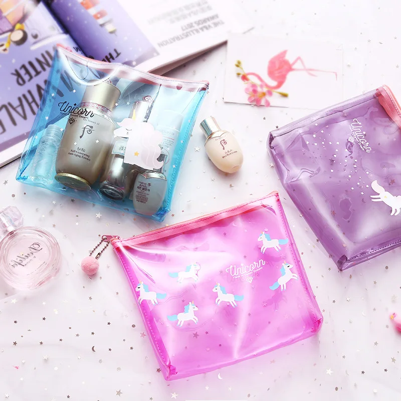 

2018 Fashion Women Unicorn Cosmetic Bag PVC Transparent Waterproof Makeup Case Zipper Make Up Handbag Toiletry Functional Box
