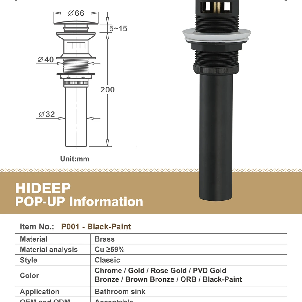 HIDEEP стоки черная краска штекер Pop up ситечко для раковины с переливом ванная раковина сливная пробка анти-запах стоки
