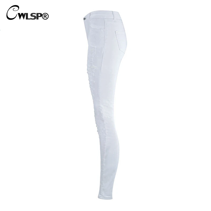 CWLSP 2018 white Women elastic Skinny Pencil Pants with Hole Spring Female Hollow Out comfort pantalon mujer QZ2861