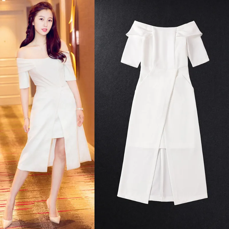 

2019 Xia Xin Dress Fan Chen Jon Wang Yu Star The Same Word Collar Open Shoulder Dress Women Mid-Calf Zippers Three Quarter