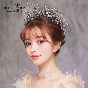 

HIMSTORY New Designs Handmade Black Crystal Bridal Hairband Royal Colorful Bridal Wedding Dressing Crown Accessory Jewelry