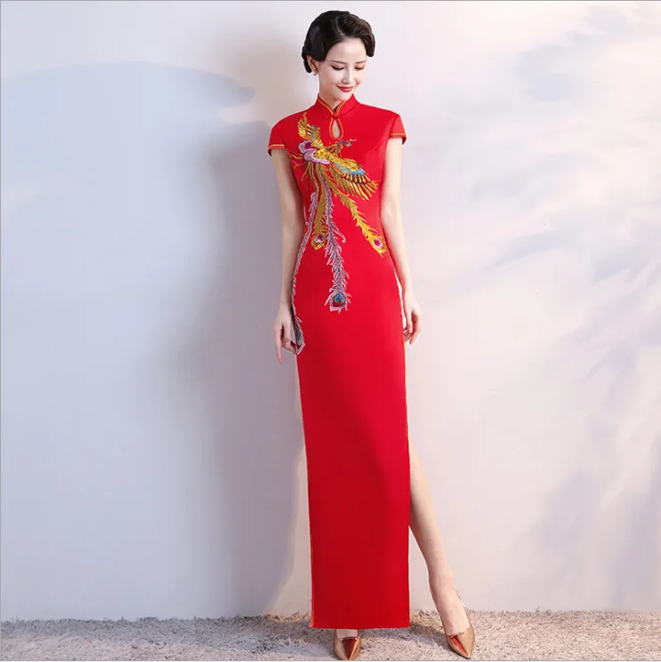 Зеленый Cheongsam для женщин традиционное платье пикантные Свадебные Qipao вышивка китайский Восточный платья для Vestidos Formales Длинные Qi Pao