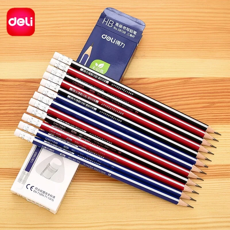 Deli Standard Pencils 12 Pcs/set HB Triangle Pencils With Eraser for