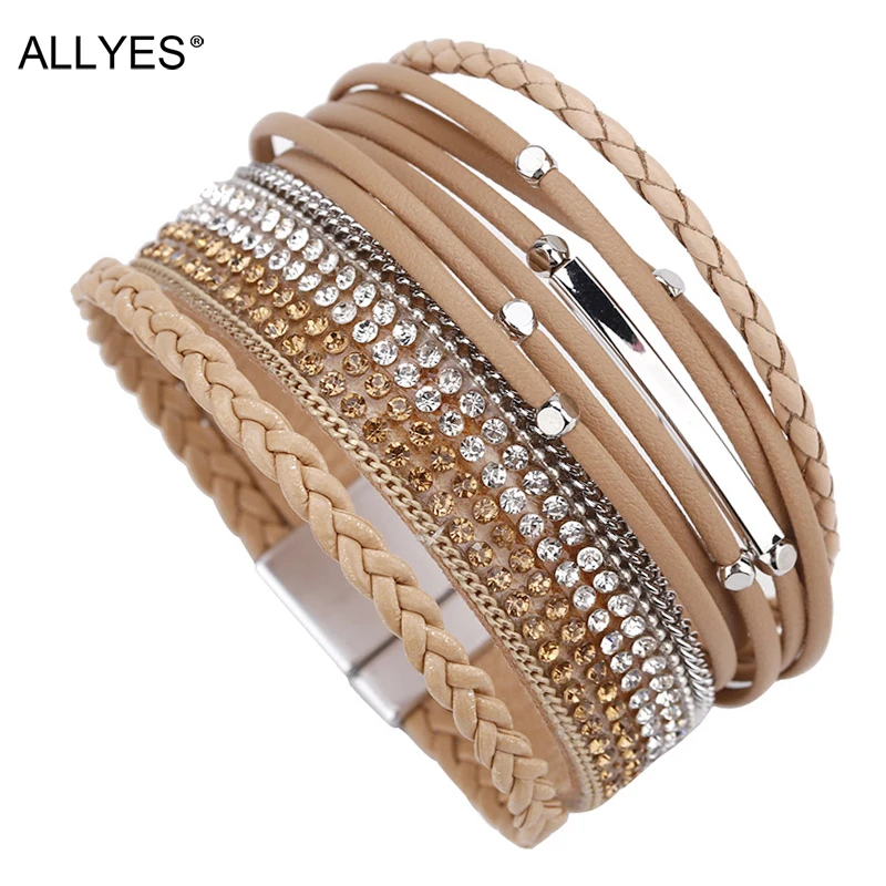 

ALLYES Women Leather Bracelet Femme Bohemian Multi-layer Crystal Vintage Female Braid Rope Wrap Bracelets & Bangles Jewelry