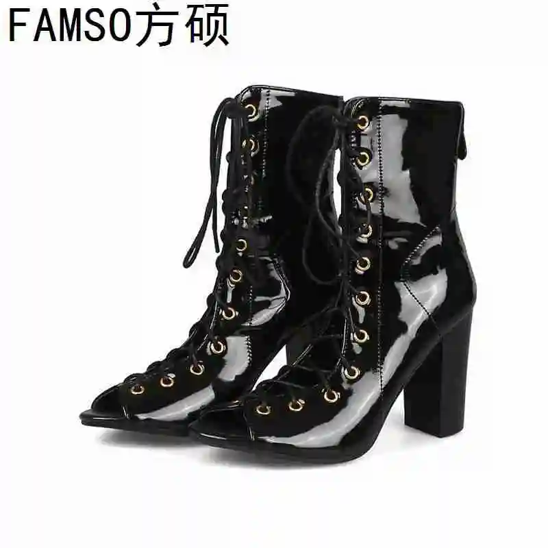 

FAMSO 2019 New Fashion Women Boots Black Blue Denim Lace-up Mid-Calf Riding Boots Summer Peep toe Designer Brand Gladiator Shoe