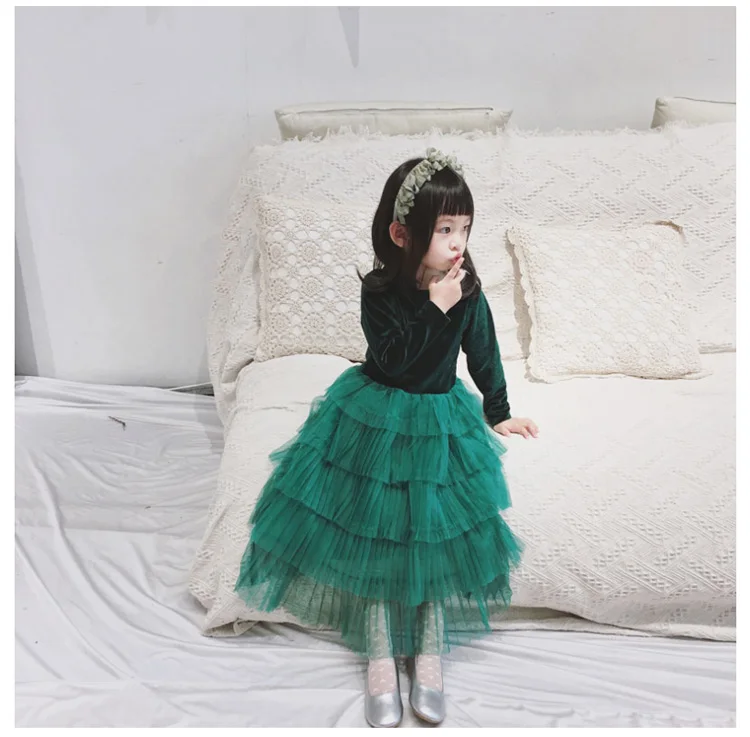 Длинные зеленые бархатные платья с вышивкой и кружевом для маленьких девочек возрастом от 2 до 10 лет Новинка года, весенне-летний бальный костюм принцессы для маленьких девочек