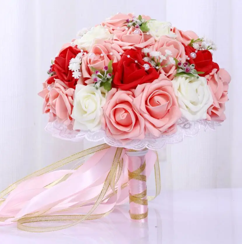 Бордовый Букеты Свадебные розовый/красный/белый/бордовый свадебный цветок искусственный цветок «Роза» букет невесты AA130 - Цвет: red pink white