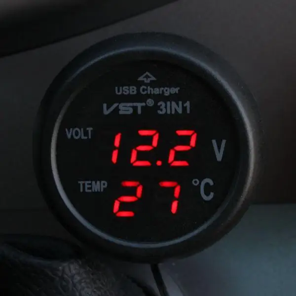 3in1 Car Cigarette Socket 12V 24V LED Digital Voltmeter Thermometer USB Charger USB Output