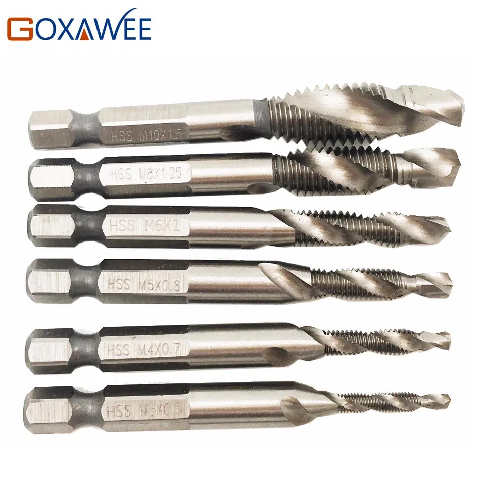 GOXAWEE 1/4 ''Hex HSS высокая Скорость Сталь нить спиральный винт M3 M4 M5 M6 M8 M10 метрики Комбинированный кран сверло коснитесь 6 шт./компл