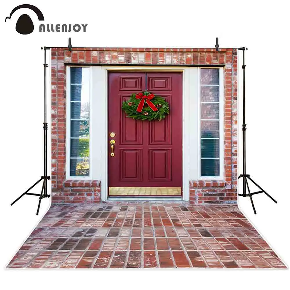 

Allenjoy photography background Christmas brick house wreath red wooden door backdrops child photocall photobooth professional