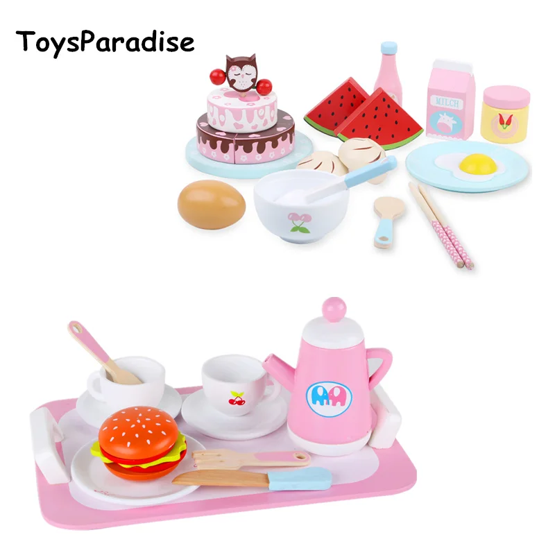 

ToysParadise Simulation 18Pcs Breakfast Set Strawberry Afternoon Tea Wooden Toys For Kids Baby Food Kitchen Toy Educational Gift