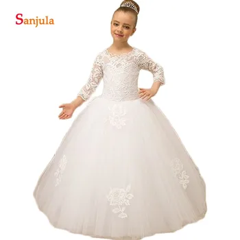 

Ivory Lace 3/4 Sleeve Flower Girls Dresses O-Neck Little Princess Ball Gown Wedding Party Dress for Child abito comunione D353