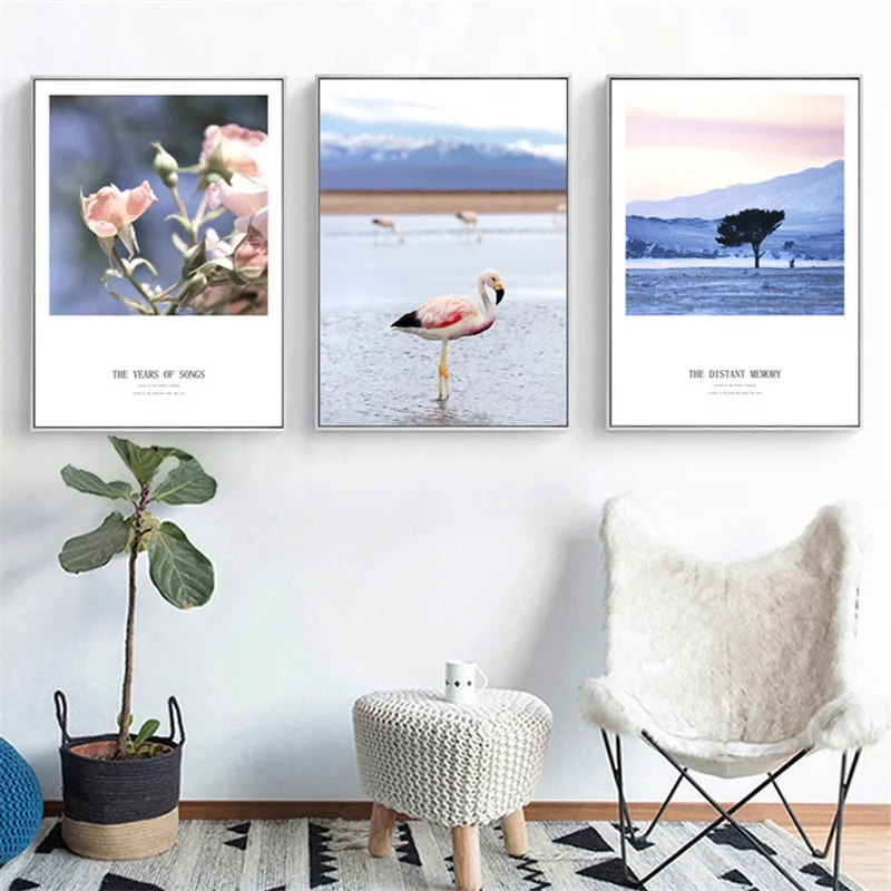 

HAOCHU Warm Home Decoration Painting Nordic Modern Pink Flamingo Landscape Plant Personality Canvas Print Poster Wall Art Mural