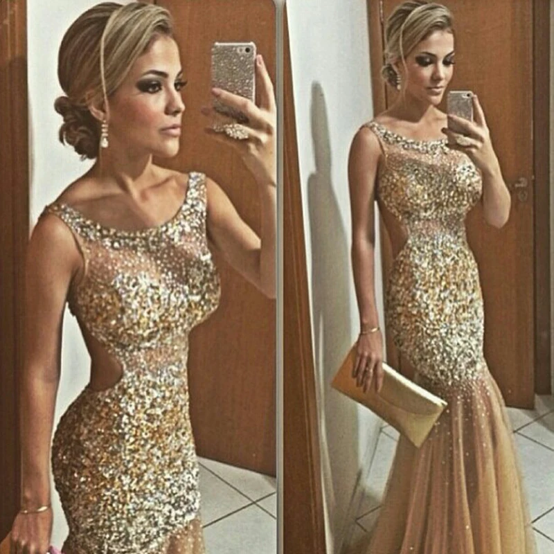 Masaje Soltero perecer 2016 nueva Formal vestido dorado vestido De fiesta vestido largo atractivo  cucharada sirena sin mangas rebordear Robe De soirée opacidad largo vestido  De noche - AliExpress