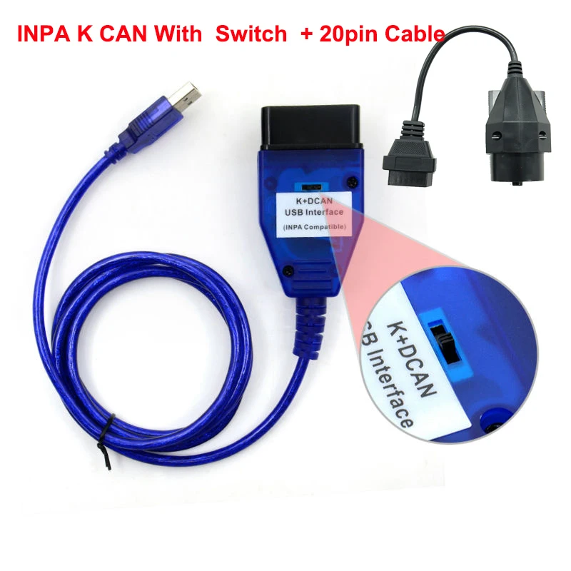 VSTM INPA K+ CAN K CAN INPA с чипом FT232RL INPA K DCAN с переключателем USB интерфейс Полная диагностика+ 20Pin кабель для BMW - Цвет: blue switch 20pin