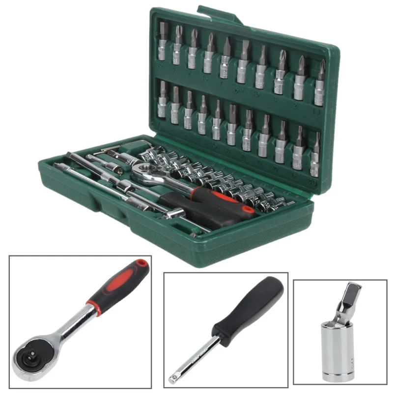 Goedkoop Hot Professionele 46 stuks Spanner Socket Set 1 4 inch Schroevendraaier Ratelsleutel Set Kit Auto Reparatie Tools Combinatie Handje S