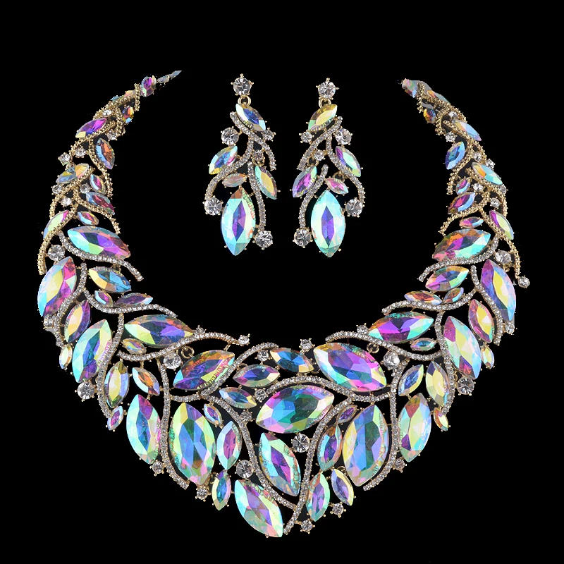 Crystal AB color Bridal Jewelry Set For Brides Necklace Earrings Women Wedding Party Marquise rhinestone jewelry Accessories