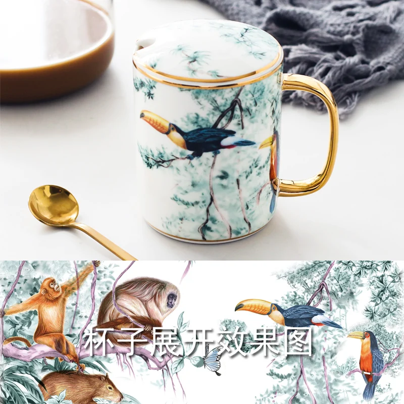 Кружка креативная картина маслом стиль золотая ручка животное Англия керамика чашка для воды послеобеденный чай кофе молоко с крышкой с ложкой - Цвет: A