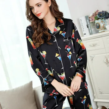 

CEARPION Balck Women Casual Daily Home Clothes High Quality Silk Pajamas Suit Long Sleeve 2pcs Shirt+pant Nightwear M L XL