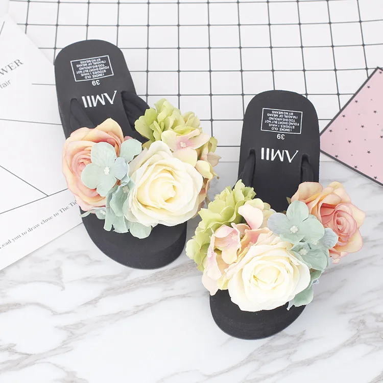 2017 Women Summer Flip Flops Cause Slippers Beautiful Flowers Female High Heel Cheap Platform Beach Shoes Online46